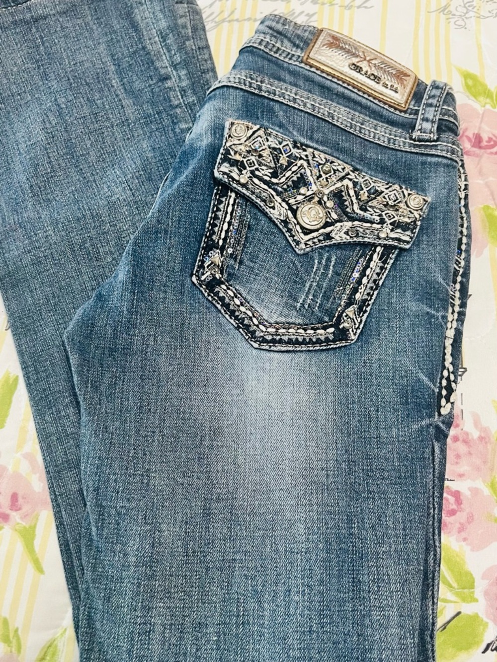Grace Blue Boot Cut Jeans with Embellished Back Pocket